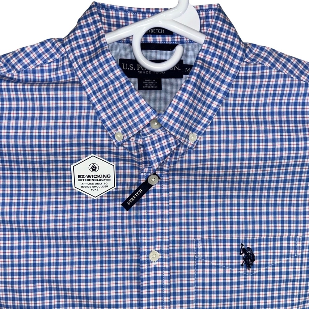 US Polo Assn Mens Short Sleeve Gingham Stretch Button Down Shirt Blue Pink M New